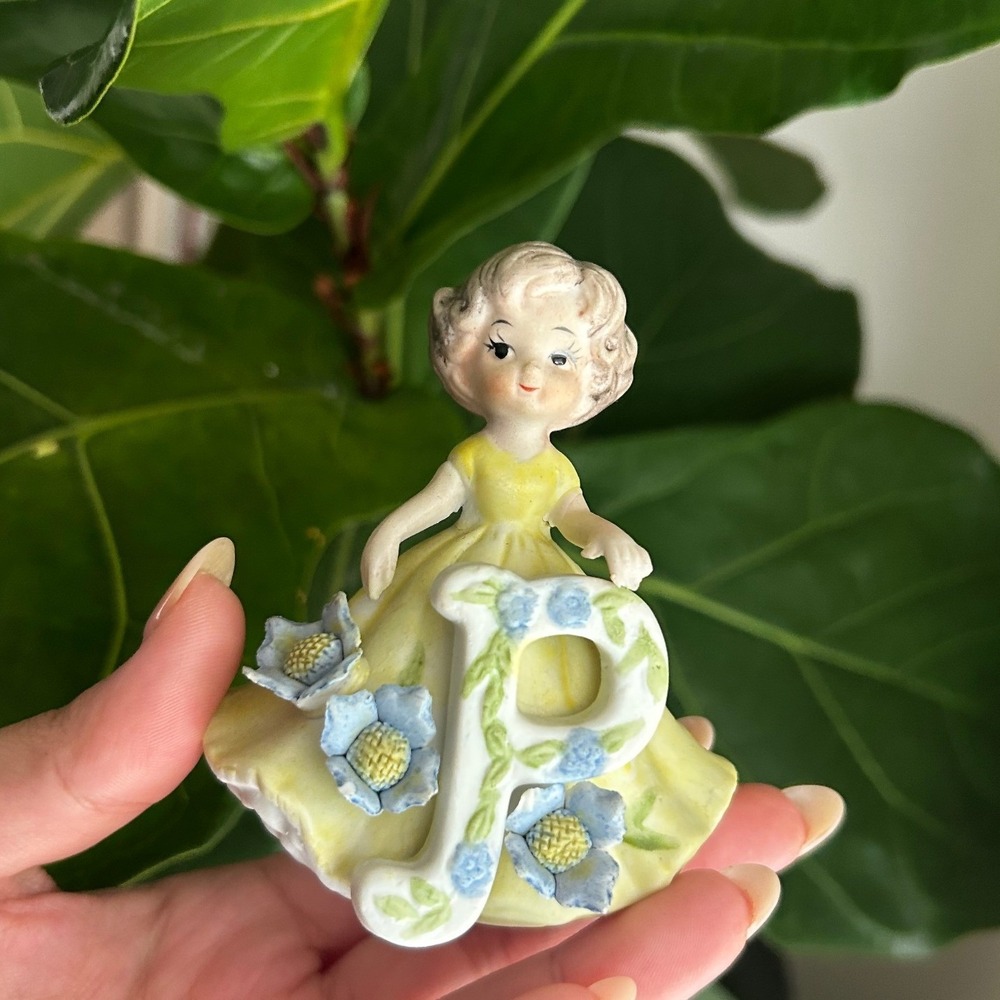 Vinatage George Good Josef Originals "P" Girl Figurine Yellow Floral Accent
